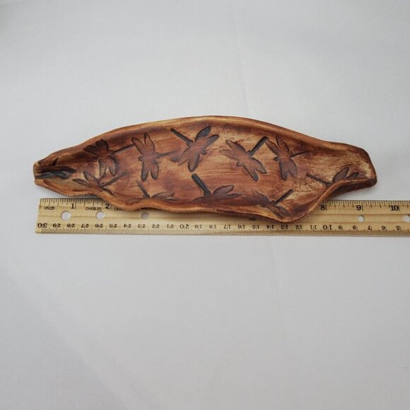 Hand-made Pottery Dragonfly Leaf-Shaped Jewelry Trinket Tray Dish 9.5" Long - Picture 10 of 14